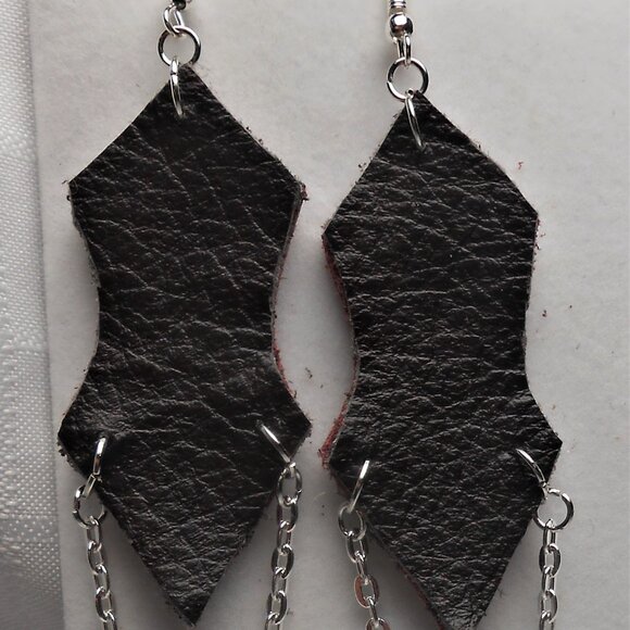 No.488 Handmade earrings with leather pieces 2 1/2 inches long - Picture 3 of 4